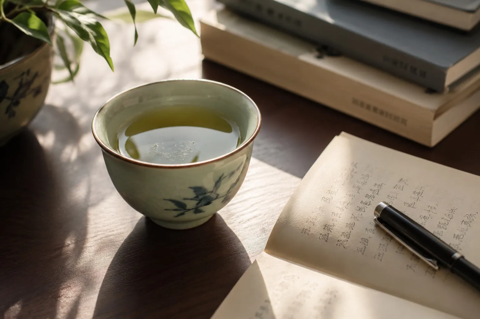 A small glazed chinese-styled teacup of green tea on a desk in mid-afternoon light, a notebook and pen beside it