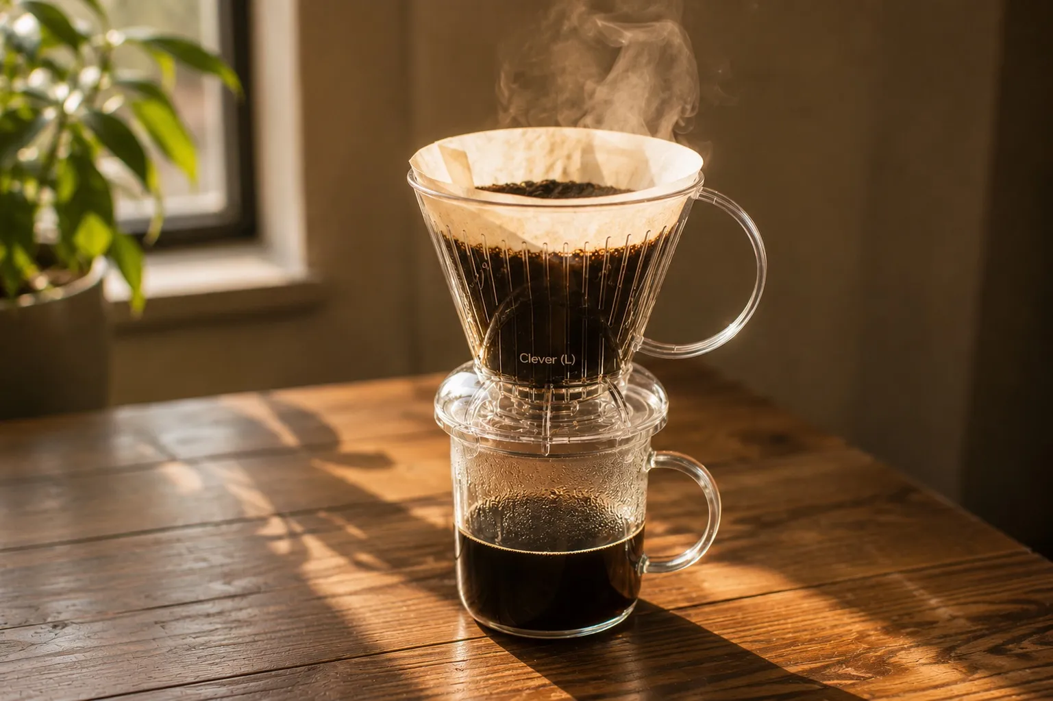 A Clever Dripper sitting on top of a glass mug on a wooden counter, paper filter visible, steam rising, morning light from the side