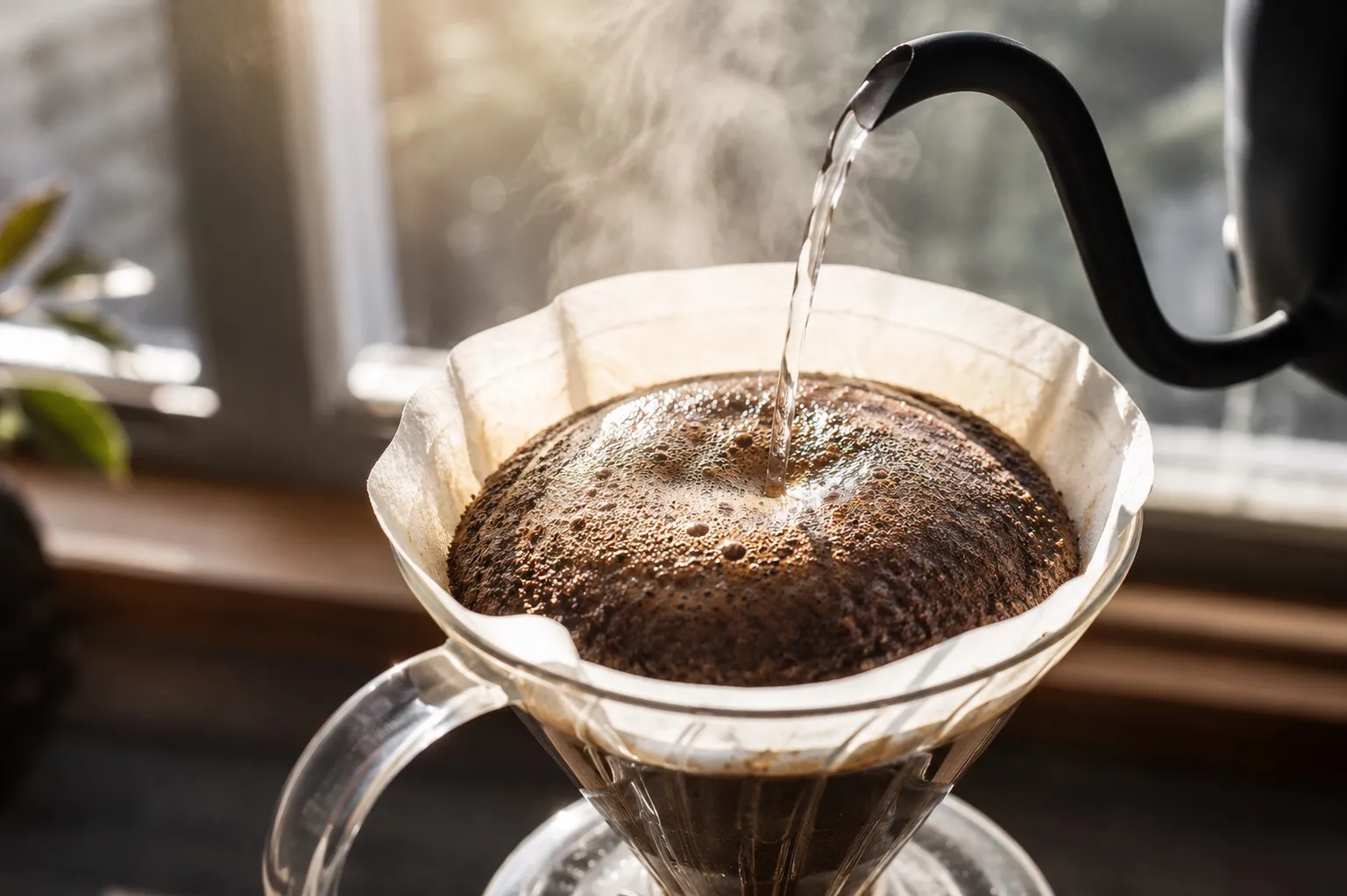 Close-up of coffee grounds blooming in a dripper, the bed domed and bubbling as water hits, backlit by a window