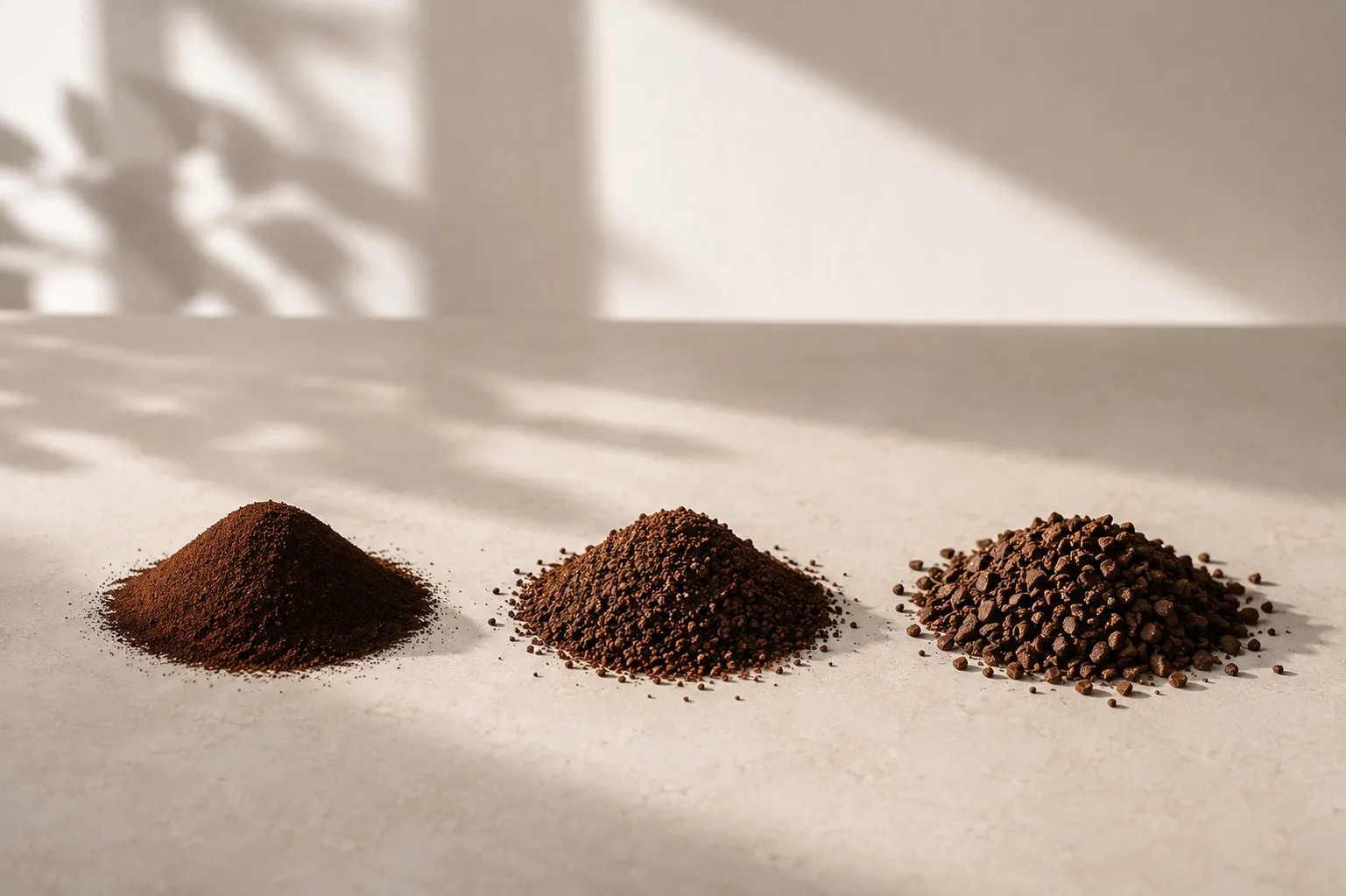 Three small piles of ground coffee on a pale surface, fine to coarse left to right, in soft window light