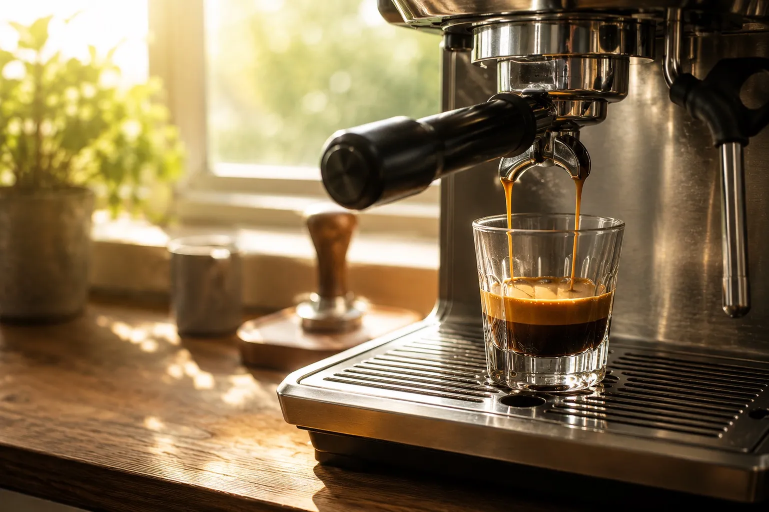 An espresso shot pulling into a clear glass on a kitchen counter, honey-colored crema, soft morning light from a window behind it
