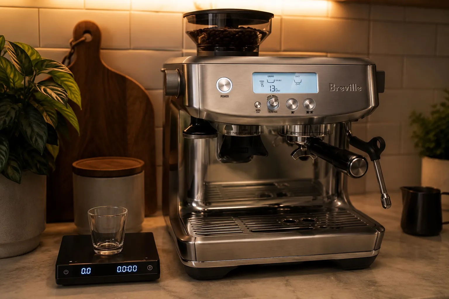 A Breville Barista Pro espresso machine on a home counter, portafilter locked in, a small scale beside it with a shot glass, warm overhead kitchen light