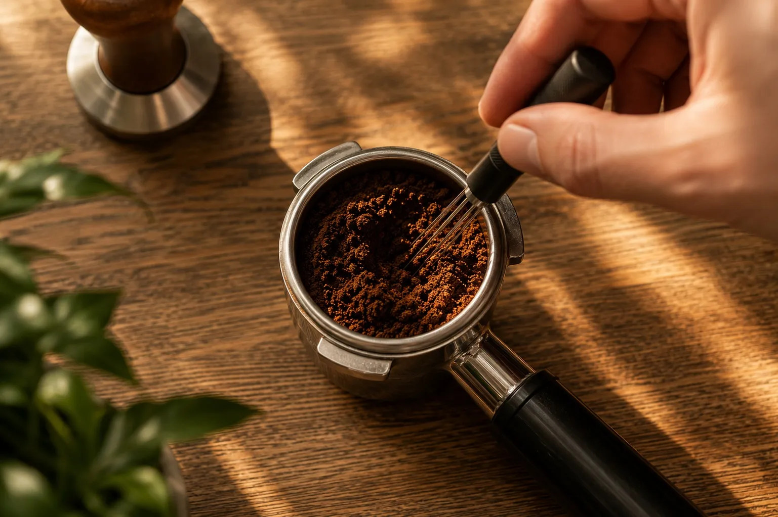 Overhead shot of a portafilter full of espresso grounds being stirred with a fine-needle WDT tool on a wooden bench, morning light