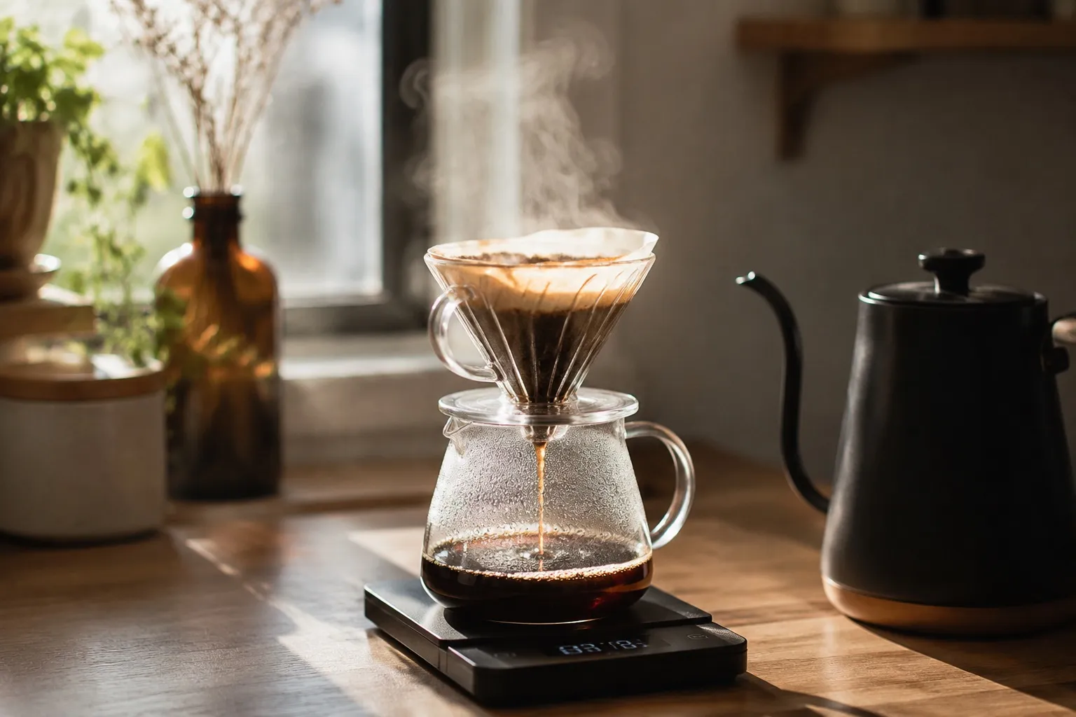 A glass V60 resting on a scale, catching the last drops of pour over coffee while steam rises in soft morning light across a wooden kitchen counter