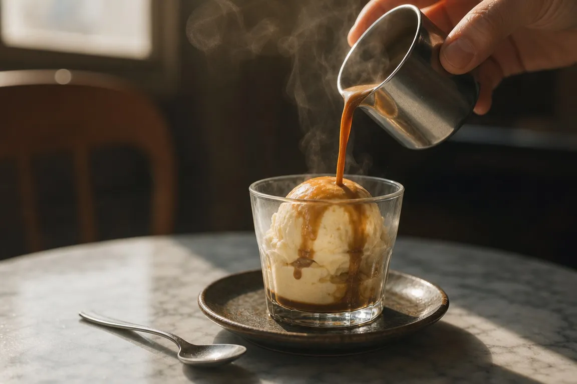 A scoop of pale vanilla gelato in a small glass with a fresh shot of espresso being poured over it, steam rising, in soft morning light