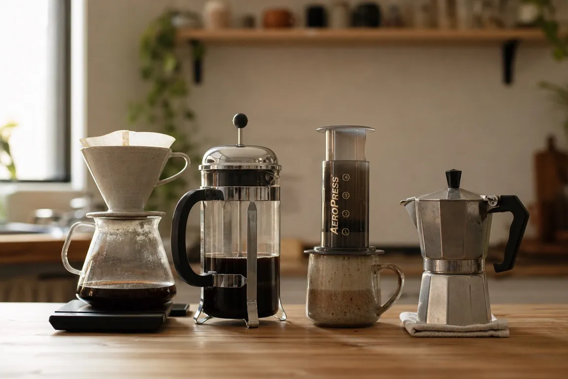 A pour-over dripper, a French press, an AeroPress, and a moka pot arranged together on a wooden counter in soft morning light