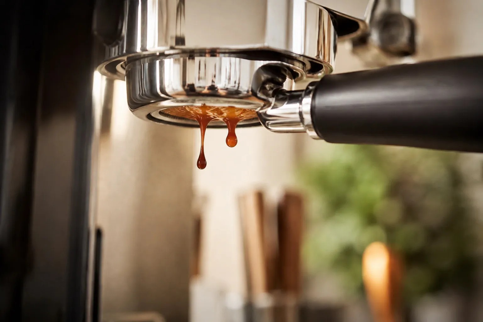 Close-up of an espresso machine portafilter with the first dark drops just beginning to form, soft kitchen light behind